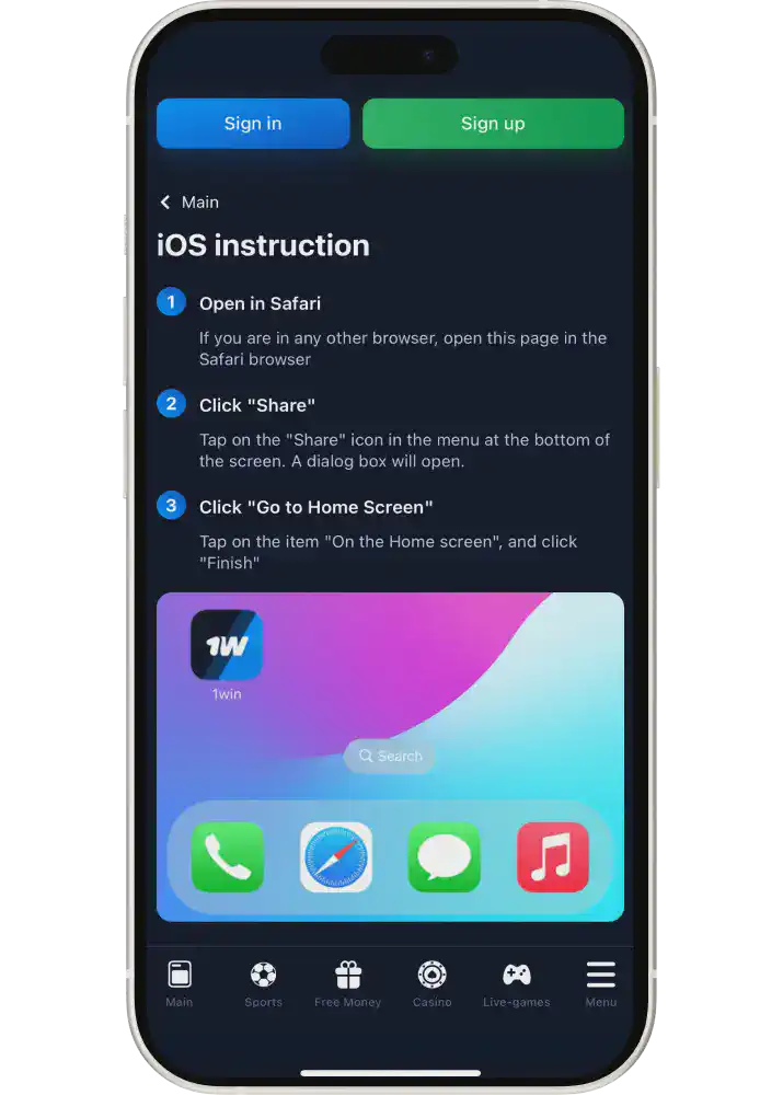 Download 1win apk on iOS