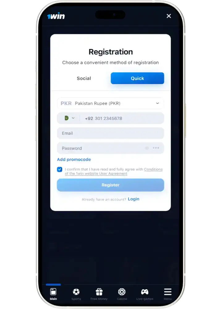 1win register online login
