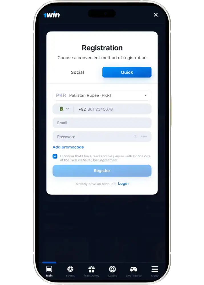 1win registration form